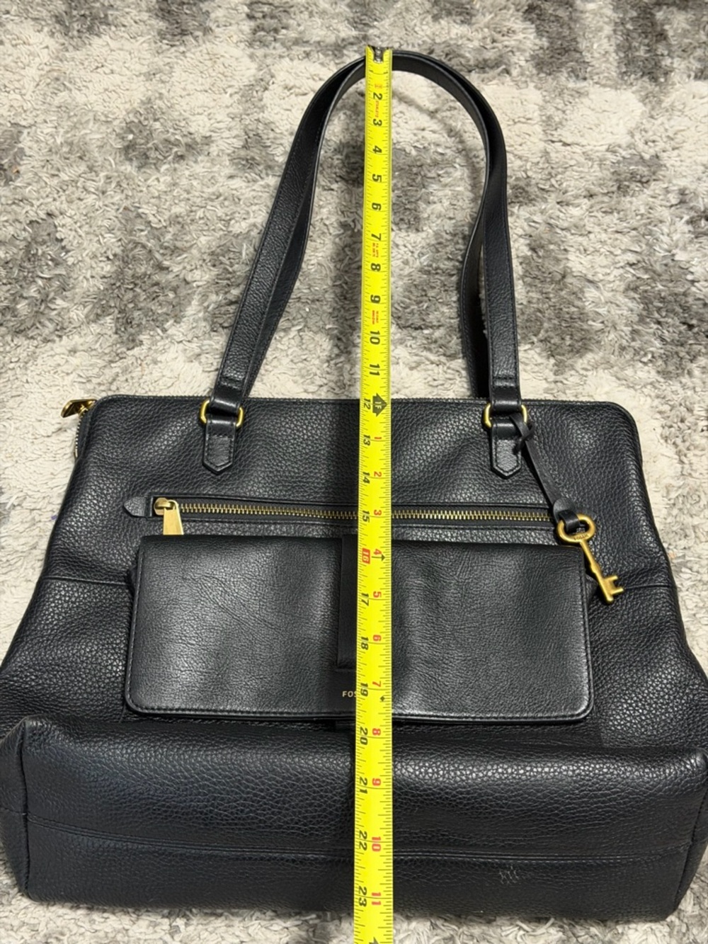 Fossil Black Leather 1 main Compartment and 3 zippered Tote with Key Charm - Picture 10 of 14